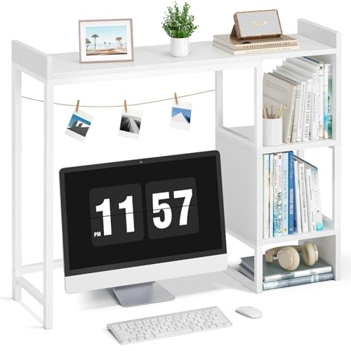 White 37" Desk Hutch for Table Top, Dorm Desk Bookshelf with Side Baffles, Desktop Organizer Shelf for Office & College, Monitor Riser Stand - color: White