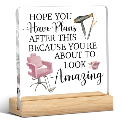Hairdresser Gifts, Pink Hair Salon Decor, Salon Decor for Hair Stylist, Birthday Thank You Gift for Hairstylist Women, Hairs Dryer Barber Chair Acrylic Sign Christmas Desk Shelf Barber Decoration - color: Hope You Have Plans After