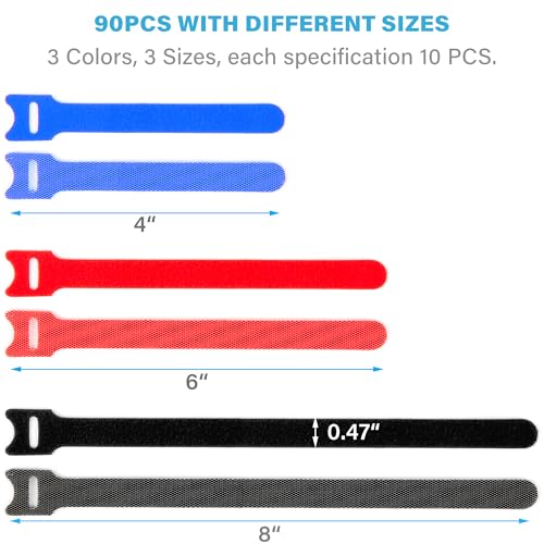 90PCS Reusable Cable Ties - 4+6+8 Inch, Heavy Duty Hook & Loop Straps in Black Red Blue, Adjustable & Multi-Purpose Fastening, Color-Coded Wire Ties for Home Office, Garage & Cable Management - color: Black+red+blue 4+6+8 In-90 Pcs