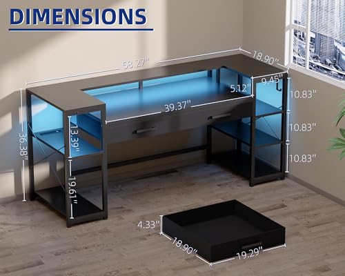 Pamray 58 Inch Computer Desk with Monitor Stand and Shelves Gaming Desk with LED Lights & Power Outlets PC Vanity Table with 2 Drawers for Home Office Grey - color: Grey