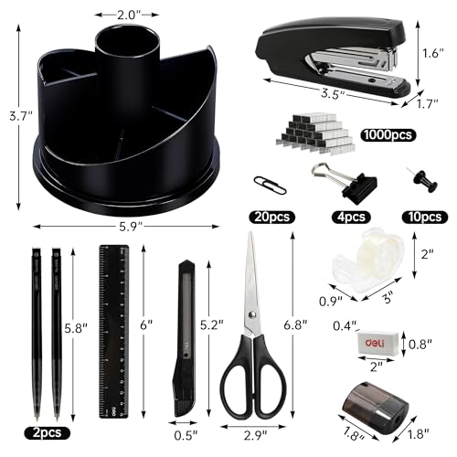 deli Office Supplies Set, 1045 Pcs-Desk Accessory Organizer Kit, Stapler Set, Rotating Multi-Functional Pen Holder, Tape Dispenser, Pens, Binder Clips, Sharpener, Scissor, Eraser, Black - color: Black