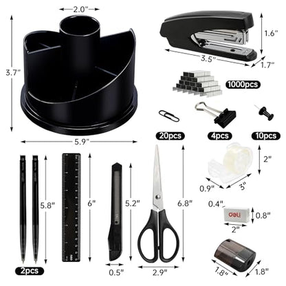 deli Office Supplies Set, 1045 Pcs-Desk Accessory Organizer Kit, Stapler Set, Rotating Multi-Functional Pen Holder, Tape Dispenser, Pens, Binder Clips, Sharpener, Scissor, Eraser, Black - color: Black