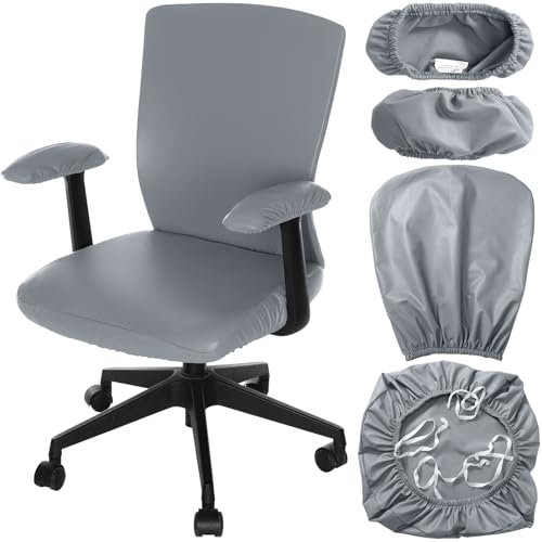 Tallew 4 Pcs Office Chair Covers PU Leather Office Desk Accessories Universal Computer Chairs Cover Stretchable Protective Chair Seat Covers Desk Armrest Cover Slipcovers Rotating Backrest(Grey) - color: Grey