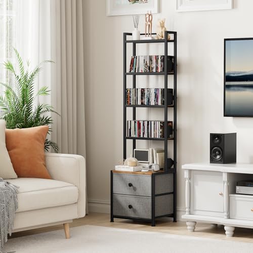 CD Storage Rack with Drawer, 5-Tier DVD Organizer Shelf w/Adjustable Book Stoppers, Media Storage Rack for CD/DVD, Books & Games, Ideal for Living Room & Home Office – 15.7x11.8x56.5Inches - color: Black