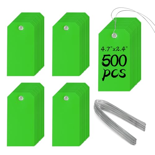 500 Pieces Plastic Shipping Tags with Wire Waterproof Hang Tags Heavy Duty Labeling Tags with String Wires Tags Labels Labeling Tags Stacking Tags for Equipment Car Parts (Green, 4 3/4 x 2 3/8) - color: Green, size: 4 3/4 x 2 3/8