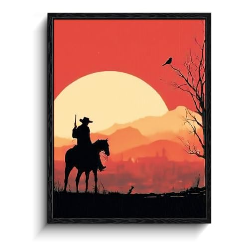 WOXZQ Western Cowboy Wall Art Cowboy Rider Matte Finish Framed Print Red Sunset Silhouette Poster Rustic Southwestern Wall Decor for gaming room gamer gift Red Dead Redemption Merch 12x16 inch - color: Rider at sundown 2
