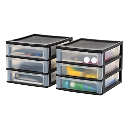 IRIS USA Plastic Stacking Desk Top 3-Drawer Storage Organizer, 2-Pack, for Makeup Vanity Nail Polish Bathroom Stationery Art Craft Supplies Kitchen Office Garage and Small Organization, Medium, Black - color: Black, style: Medium - 2 Pack