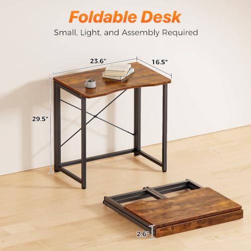 Huuger Folding Desk for Small Spaces, 23.6 Inch Foldable Computer Table, for Home Office, Study, Bedroom, Dorm, Space Saving, Small Writing Work Office Computer Desk, Easy to Fold, Rustic Brown - color: Rustic Brown, size: 16.5"D x 23.6"W