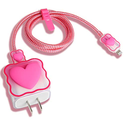 Compatible with iPhone 18W/20W USB-C Charger Cover Lovely 3D Love Heart Waves Clear Soft Charger Protector Cute Cable Saver for iPhone 11 12 13 14 Pro Max Fast Power Adapter, Rose 1 (5in1) - color: Rose 1 (5 in 1)