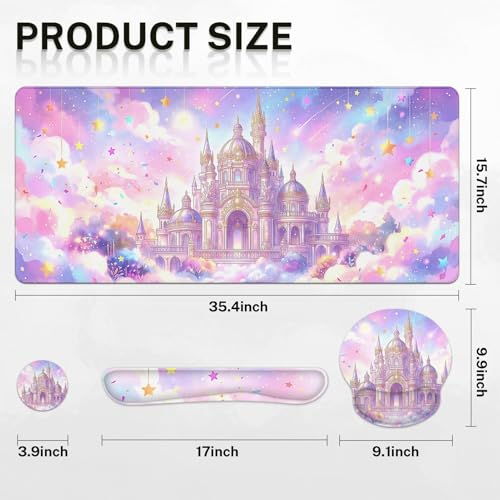 Arttown Pink Castle Desk Mat Star Ribbons Mouse Pad Set 4 in 1 Ergonomic Design Large Mouse Pad + Keyboard Wrist Rest + Mouse Wrist Rest + Coaster Suitable for Home Office Study Game - color: Pink Castle