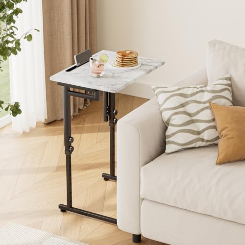 TV Tray, Folding TV Dinner Table, Adjustable Small C-Shaped End Tray for Eating, Foldable Slide Under Couch Side Table for Recliner, Living Room,No Assembly Required(White Marble,2Pcs) - color: White Marble, size: 2PCS