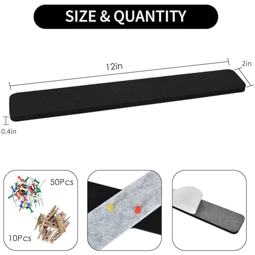 Vuzvuv 8 pcs Bulletin Board Bar Strips with 50 Pushpins & 10 Wooden Clip pins，Self Adhesive Cork Board for Wall，Felt Pin Board for School，Office Decor（Black White Grey） - color: Black White Grey