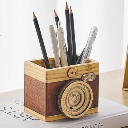 HAOXU 1pc Wooden Unique Pen Holder, Retro Camera Learning Stationery Pencil Holder For Student, Office And Home Small Item Storage Decoration Bucket - Style B