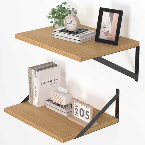 Heimlove 12 Inch Deep Floating Shelves for Wall, 16W x 12D Wood Wall Shelves Set of 2, Rustic Oak Wide Floating Bookshelf for Living Room, Kitchen, Office, Bedroom, with Black Metal Bracke - Oak - color: Oak With Black Metal Bracket, size: 16wx12dx5.8h