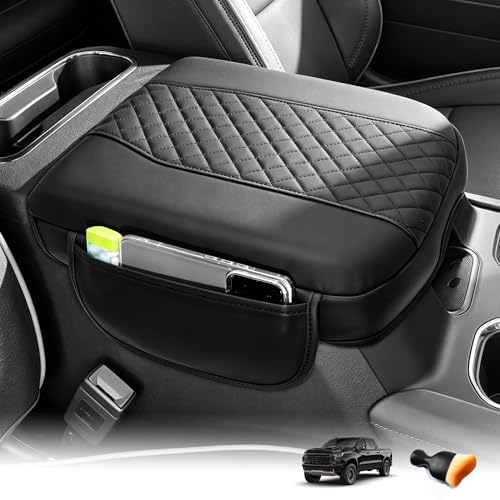 Center Console Armrest Cover for 2019-2025 2026 Chevy Silverado/GMC Sierra | 1500/2500HD/3500HD, 2021-2026 Yukon/Suburban/Tahoe, Bucket Seat, Soft Leather Arm Rest Cushion Pad & 2 Pockets + 1 Brush - color: For 2019+ Silverado/Sierra-Bucket Seat