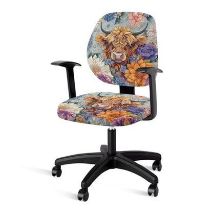 Highland Cattle Office Chair Cover Stretchable 2 Piece Computer Seat Covers Universal Fit Most Gaming Chair Rotating Chair Slipcover Protector Floral Chair Padded Cover for Women Cow Blue - color: Highland Cattle Flower