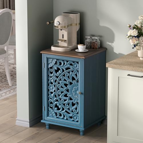 Jiansu furni Small Buffet Cabinet with Hand-Carved Mandala Door,Distressed Accent Storage Cabinet for Small Spaces, Kitchen, Dining Room(Blue & Walnut) - color: Blue & Walnut_1 Doors