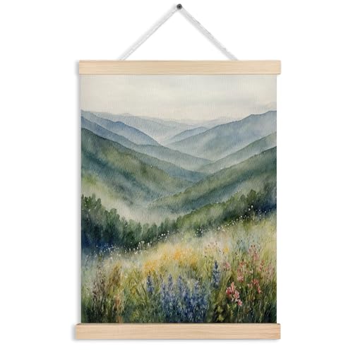 Green Mountains Forest Wall Art, Mountain Wall Decor, Rustic Farmhouse Forest Wall Art Decor, Watercolor Blue Ridge Mountains Wildflower Nature Landscape Canvas Wall Art Poster Hanger Frame, 12x16 Inches - color: Color-Mountain Lakeside Landscape 01