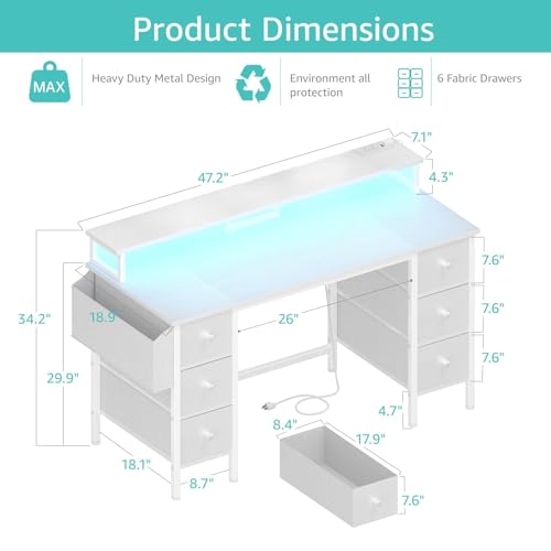 Lufeiya White Gaming Desk with Drawers & Storage Shelves, 47 inch Home Office Desk with Monitor Stand, Computer Desk with LED Lights and Power Outlets, White - color: White