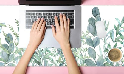 XXL Waterproof Office Desk Pad Protector 31.5x11.8 Inch - Extended Gaming Mouse Pad with Non-Slip Rubber Base, Thickened Keyboard Mat, Stitched Edges & Green Plants Design - color: Green White