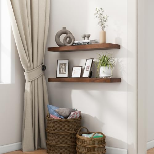 fuqing 30 Inch Floating Shelves for Wall Set of 2, Rustic Wood Wall Shelves for Living Room Bedroom Bathroom Home Office - Walnut - color: Walnut, size: 30 Inch