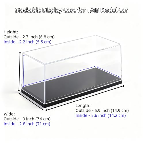 Model Car Display Case, 1:43 Scale Acrylic Display Box for Cars, Stackable Dustproof Storage Boxes for Collectibles, Figures and Memorabilia, 5.9 x 3 x 2.7 inch - size: 5.8 x 3 x 2.7 inch