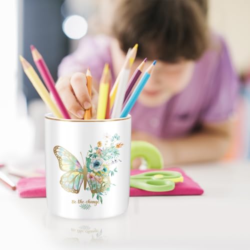 Cute Pen Holder for Desk, Ceramic Durable Pencil Cup, Simple&Modern Style Makeup Organizer, Multifunctional Office Supplies for Home, Kids and School, Butterfly Pattern - color: Butterfly Pattern