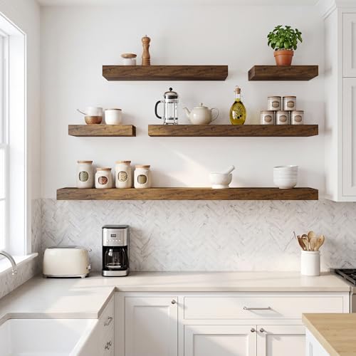 RICHFOCUS 28Inch Floating Shelves for Wall 2 Pack Shelves for Bedroom|Kitchen|Bathroom|Laundry Room Rustic Wood Wall Mounted Shelf with Invisible Brackets for Books|Storage|Decor, Rustic Brown - color: Rustic Brown, size: 28"L x 8"D, Set of 2