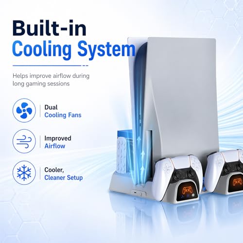 Cooling Station for PS5/Slim/Pro/Disc&Digital, White Cooling Stand with Dual PS5 Controller Charging Station, 3 Levels Cooling Fan, Multi-Function PS5 Accessories Slot and USB Hub