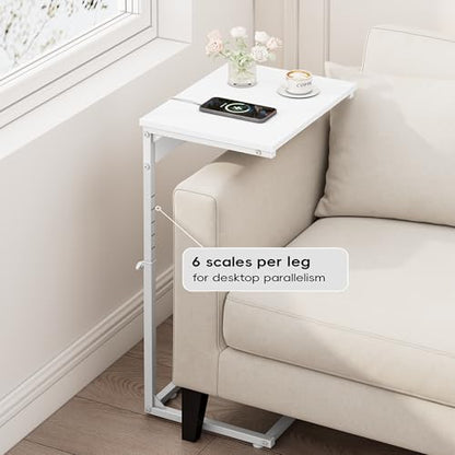 Vagusicc C Shaped End Table with Charging Station, Adjustable Height Side Table for Couch, Small End Table Small Spaces, 33.2'' Tall Couch Tables that Slide Under, Tv Tray Table for Living Room, White - color: White (1 Pack), style: With Plug