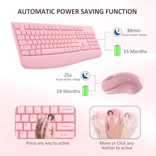 Wireless Keyboard and Mouse Combo, EDJO 2.4G Full-Sized Ergonomic Computer Keyboard with Wrist Rest and 3 Level DPI Adjustable Wireless Mouse for Windows, Mac OS Desktop/Laptop/PC (Pink) - color: Full Pink