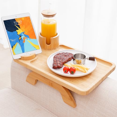 Nnewvante Couch Table on Arm,3 in 1 Large 15.36"x9.85" Bamboo Couch Cup Holder Sofa Arm Clip on TV Tray Table with 360°Rotated Phone/Cup Holder - color: Bamboo