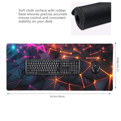 Extra Large Gaming Mouse Pad, Abstract Neon Geometric Design, Non-Slip Rubber Base, 35.4 x 15.7 Inches - color: Neon Geometric