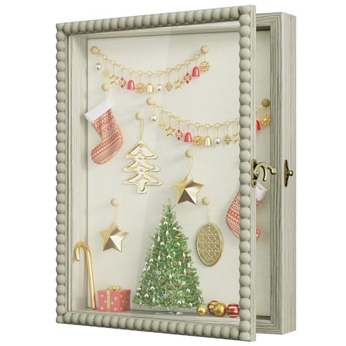 Love-KANKEI Shadow Box Frame 11x14, Deep Large Shadow Box Display Case with Unique Beads Door and Glass Window, Wood Memory Box for Pictures,Medals,Memorabilia,Collections Rustic Grey - color: Grey, size: 11x14