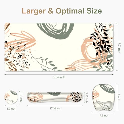 Large Mouse Pad with Wrist Support 4 in1 Set, XXL Big Game Mousepad + Keyboard Wrist Rest+Mouse Wrist Rest+Coaster Ergonomic Gaming Mat for Home Office Table Computer I Modern Boho Leaves - color: Modern Boho Leaves