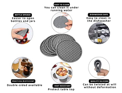 Coasters for Drinks 6 Pcs Drink Coaster with Holder,Heat Resistant Silicone Cup Mat Tabletop Protection,Non-Slip Rubber Coasters for Kinds of Cups (Grey) - color: Gray-plastic Holder