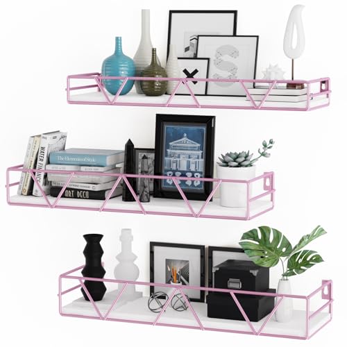 Amaoot Floating Shelves Set of 3, Home Wood Wall Shelf, Farmhouse Shelf for Bedroom, Wall Mounted Floating Shelf for Living Room, Bedroom, Bathroom, Kitchen, Office (Pink) - color: Pink
