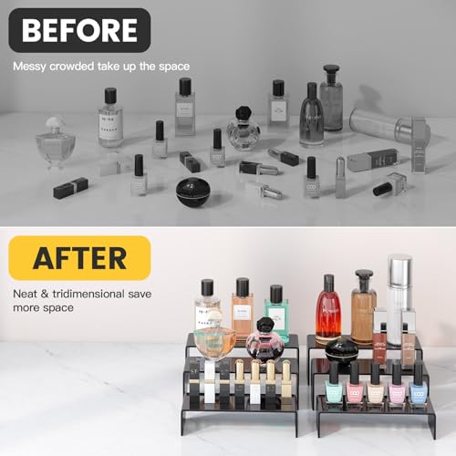 3 Pack Black Acrylic Display Risers, Tiered Display Stand Set in 3 Sizes for Perfume, Cosmetics, Cupcakes, Figures, Toy Cars, Collectibles and Small Decor