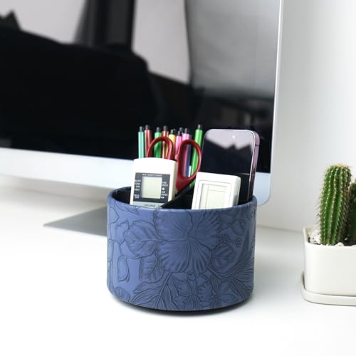 Round Leather Art Supply Organizer,Remote Control Holder,360 Degree Spinning,Multi-Functional Pencil Holder,4 Compartments Desktop Stationary Organizer(1-Carved Blue) - color: 1-Carved Blue