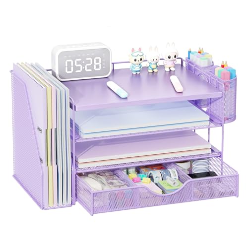 gianotter Wood Desk Organizers and Accessories with File Holder, 4-Tier Desk Accessories & Workspace Organizers with Drawer and 2 Pen Holder, Desk Reference Organizer (Purple, 4T with Metal Drawer) - color: Purple, size: 4T with Metal Drawer