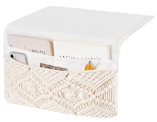 Mkono Macrame Bedside Caddy Storage Organizer Boho Remote Control Tablet Magazine Holder with 4 Pockets Non-slip Countertop Bedside Caddy for Home Bedroom Living Room College Dorm Bed, Ivory, Large - color: Ivory, size: Large