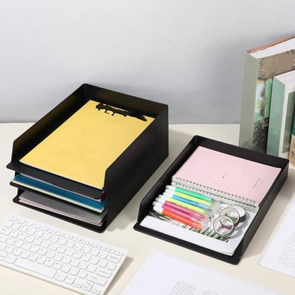 Wenqik 4 Pcs Stackable Paper Trays Rectangular Plastic Desk Holder Desktop Document File Organizer Storage Letter for Office Classroom (Black) - color: Black