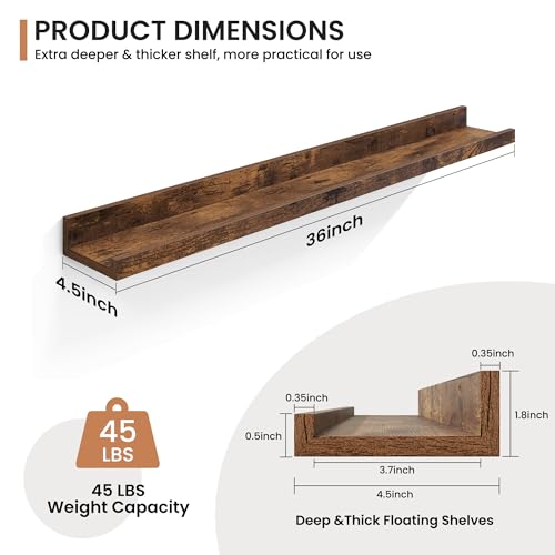 Fun Memories Picture Ledge Shelves Set of 2, 36 Inch Rustic Wall Mounted Floating Shelves with Lip for Home Storage and Décor in Bathroom, Kitchen, Nursery, Bedroom, Living Room, Brown - color: Brown, size: 36 inch, Set of 2