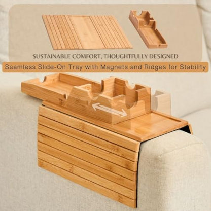 Couch Cup Holder Tray - Portable Sofa Arm Tray Table - Anti-Spill Armchair Caddy Couch Arm Table Snack Organizer with Removable Tray - Remote Control Holder Perfect for Cups, Snacks, Phone