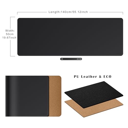 Mydours XXL 55.1"x19.7" Desk Pad with Cork Base, Dual-Sided PU Leather Surface Protects Desks from Scuffs & Stains, Spacious Mouse Mat for Multi-Monitor Setups, Office Use & Light Gaming Compatibility - color: Black, size: 55.2" x 19.7"
