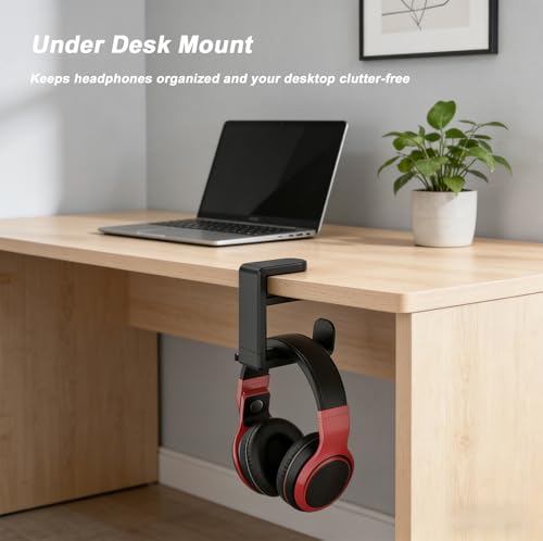 Universal Headphone Stand & Headset Holder - 360° Swivel Under Desk Headphone Hook with Cable Management Clip (Black) - color: Black
