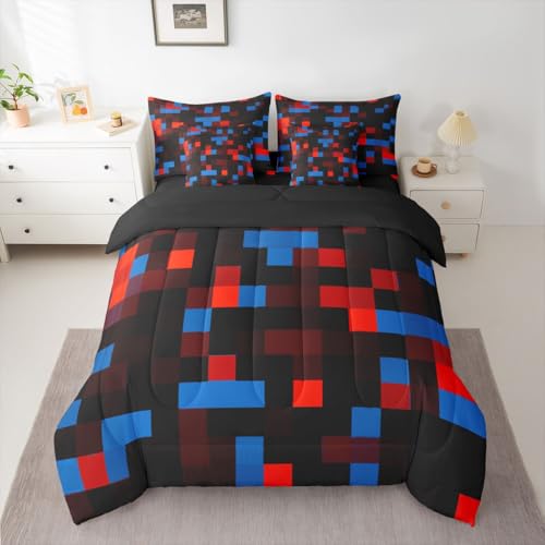 jejeloiu Pixelated Red Blue Black King Size Comforter Set with Sheets，Pillowcases & Cushion Cover 7 Piece Bedding Set Super Soft Kids Girls Boys Bedroom Decor Gamepad Grid Bed in a Bag - color: Red Blue Black, size: King