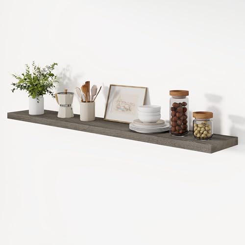 Vivelove Flat Edge Elm Wood Floating Shelf with Invisible Bracket 55”Grey - color: Grey, size: 55”,set of 1
