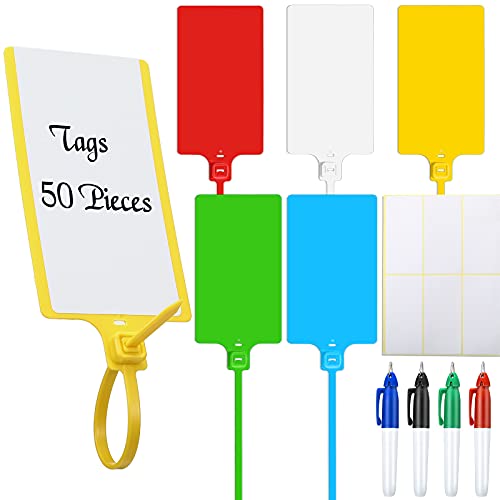 Pajean 50 Pieces Waterproof Plastic Tags with Marker Pens and Sticker Labels, Self Locking Bag Writable Tags with Wire Cable Ties for Luggage (Multi Colors) - color: Multi Colors