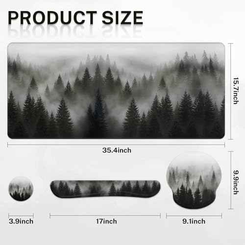 Arttown Misty Desk Mat Forest Mouse Pad Set 4 in 1 Tree Foggy Ergonomic Design Large Desk Pad + Keyboard Wrist Rest + Mouse Wrist Rest + Coaster Suitable for Home Office Study Game - color: Forest in Fog